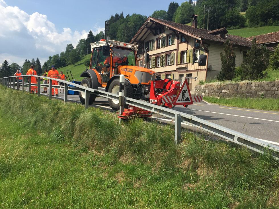 Traktor mit Leitplankenmaeher im grünen