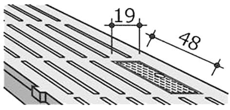 Ein schematischer Ausschnitt eines Betonelements, Öffnungen längs in Sechserpaketen und länglich, im rechten Drittel zentral ein rechteckiger Schachtdeckel mit beschriebenen Massen 19 auf 48 cm und Griff rechts, Ansicht schräg von vorne, halbhoch