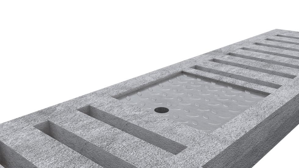Ein schematischer Ausschnitt eines Betonelements, Öffnungen quer und länglich, in der Mitte ein rechteckiger Schachtdeckel mit beschriebenen Massen 32 auf 32 cm und Griff unten, Ansicht schräg von vorne, halbhoch