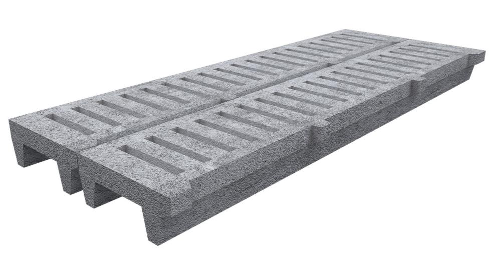 Eine schematische Darstellung zweier länglichen, nebeneinander liegenden, grauen Betonbodenplatten mit jeweils einem halben Meter Breite, zwanzig Zentimeter Höhe und zwischen 150 und 420 Zentimeter Lä