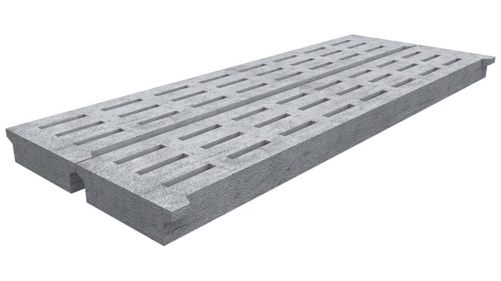 Eine schematische Darstellung zweier länglichen, nebeneinander liegenden, grauen Betonbodenplatten mit jeweils einem halben Meter Breite, 16 Zentimeter Höhe und zwischen 150 und 350 Zentimeter Länge, 