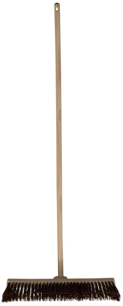Ein breiter Besen aus Holz mit Stiel, und auf dem breiten Kopf dicht besetzte schwarze Kunststoffborsten, Besenkopf zeigt senkrecht nach oben, Draufsicht