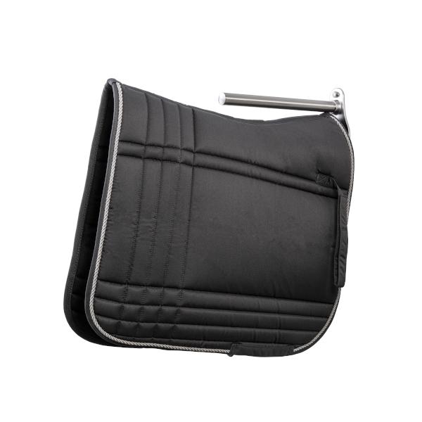 Ein glockenförmiges Flacheisen aus Edelstahl mit solidem Stab als Sattelauflage und darunter mit zwei in umgekehrter V-Form befestigter, länglichen Bügeln zur Auflage einer Schabracke, montiert an einer Holzwand