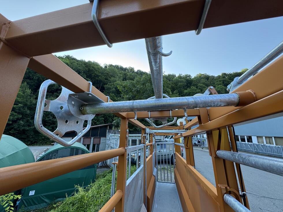 Ein Behandlungs- und Einfangstandstand mit Liegegitter und Schwenkachse, vorne zwei feste schwarze Räder, auf der Hinterseite ein schwarzes Brett, Schaf eingespannt umgedreht, wessen Klauen von einer Person geschnitten werden