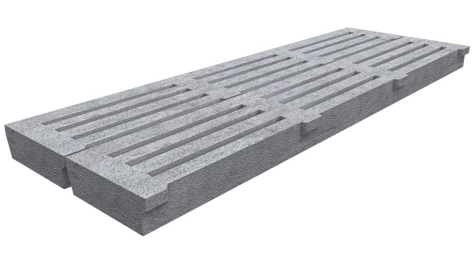 Eine schematische Darstellung zweier länglichen, nebeneinander liegenden, grauen Betonbodenplatten mit jeweils einem halben Meter Breite, 16 Zentimeter Höhe und zwischen 150 und 350 Zentimeter Länge, 