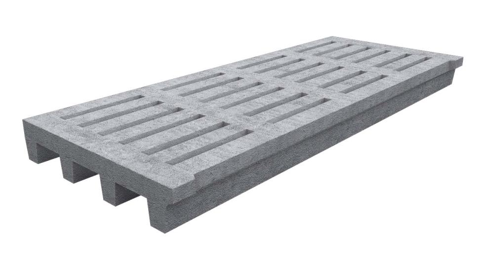 Eine schematische Darstellung einer länglichen, grauen Betonbodenplatte mit einem Meter Breite, zwanzig Zentimeter Höhe und zwischen 150 und 420 Zentimeter Länge, Masse beschriftet, mit vier längs ver