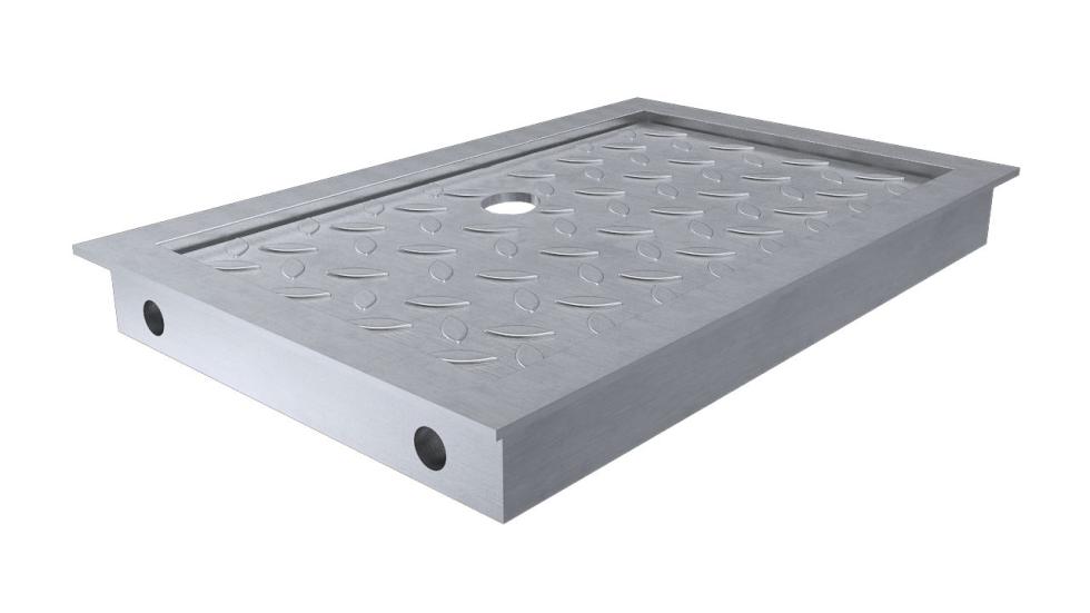 Ein schematisch gezeichneter metallener Abwurfschacht mit Einbaurahmen, Draufsicht