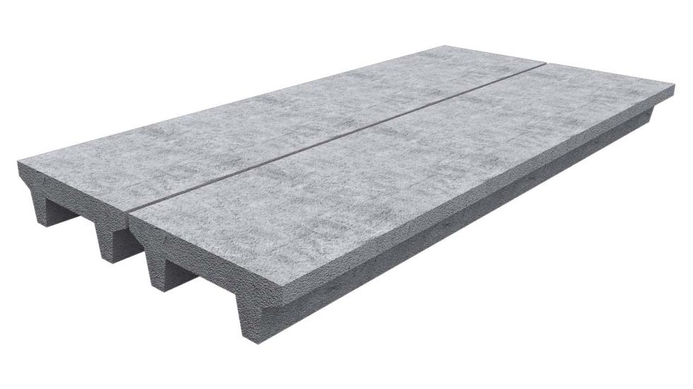 Eine schematische Darstellung zweier länglichen, nebeneinander liegenden, grauen Betonbodenplatten mit jeweils einem halben Meter Breite, 16 Zentimeter Höhe und zwischen 150 und 320 Zentimeter Länge, 