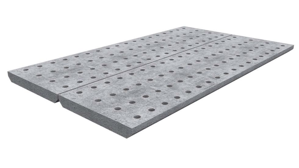 Eine schematische Darstellung zweier länglichen, nebeneinander liegenden, grauen Betonbodenplatten mit jeweils einem halben Meter Breite, 7 Zentimeter Höhe und zwischen 70 und 200 Zentimeter Länge, Ma