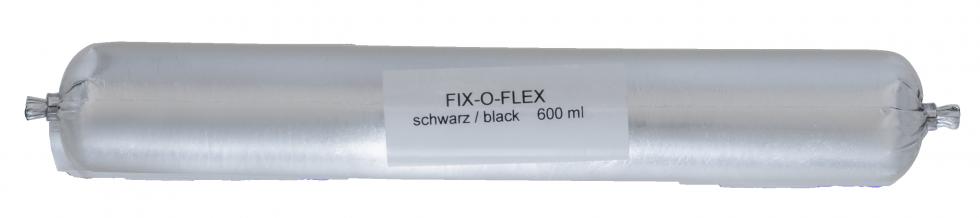 Ein silberner Schlauchbeutel gefüllt mit 600ml Fix-o-Flex Kleber, weisses Etikett zentral mit Angaben zum Inhalt  