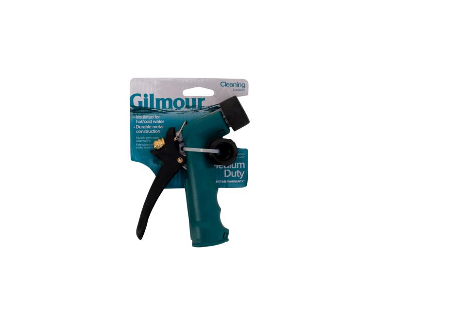 Eine grüne Handbrause aus Kunststoff, Düse aus schwarzem Kunststoff, schwarzem Schlauch Adapter, sowie schwarzem auf der Rückseite des Griffs liegender Auslöser, alles sichtbar in Seitenansicht