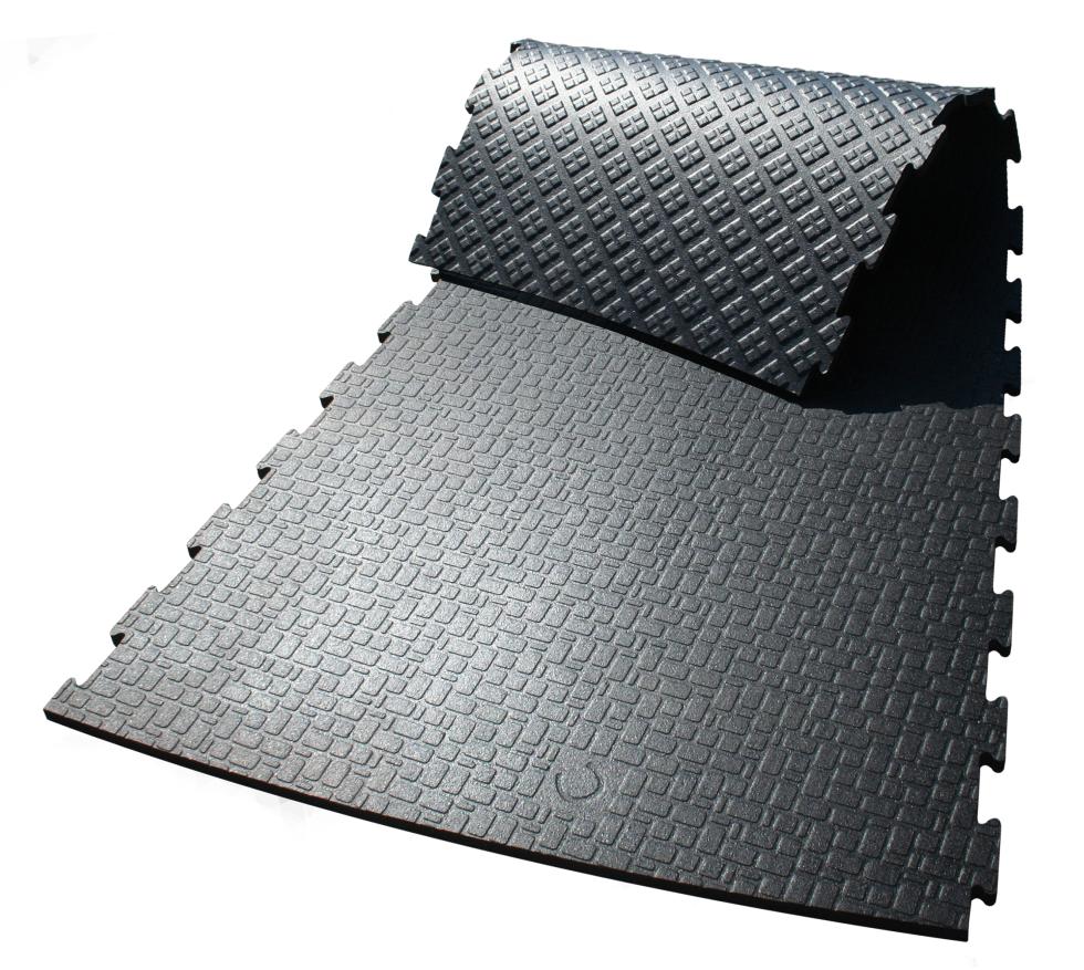 Detailaufnahme des Profils einer schwarzen Gummimatte, bestehend aus jeweils vier Erhöhungen in der Form von Quadraten, in wiederum einem Quadrat angeordnet, Draufsicht