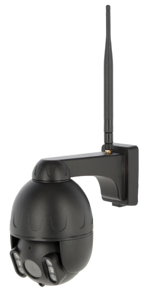 Eine schwarze Überwachungskamera mit einem kugeligen, schwarzen Gehäuse, das Objektiv zeigt nach links, mit Antenne auf der rechten, hinteren Seite und festem Arm zu runder rechteckiger Montageplatte 