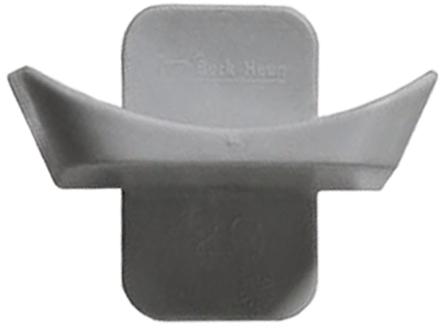 Eine Sprungauflage aus grauem Kunststoff mit einer 20mm tiefen halbrunden Auflagenfläche mit Rückplättchen, frontale Draufsicht