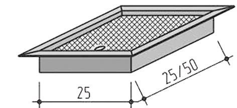 Ein schematisch gezeichneter metallener Abwurfschacht mit Einbaurahmen, beschriftet mit Massen, Draufsicht