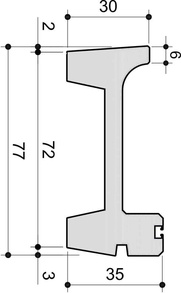 Querschnitt schematisch einer Elementkrippe resultierend in einem grauen H-Profil, mit Längenangaben