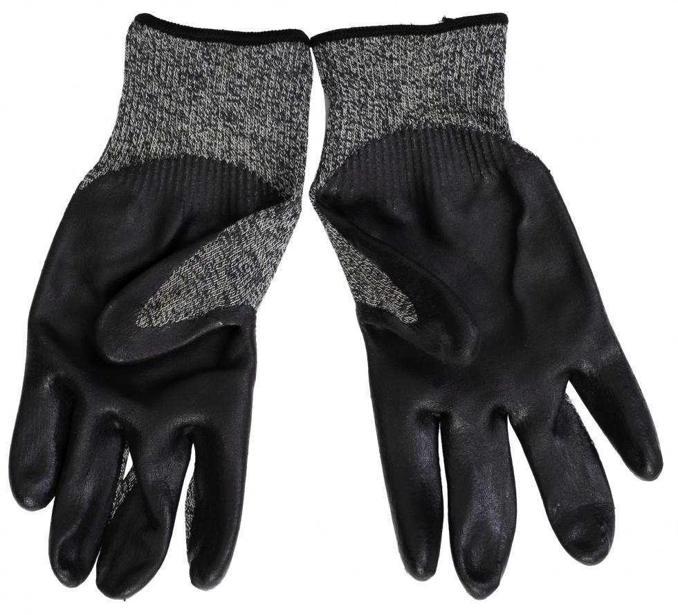 Ein Paar Handschuhe in grau mit schwarzen gummierten Handflächen