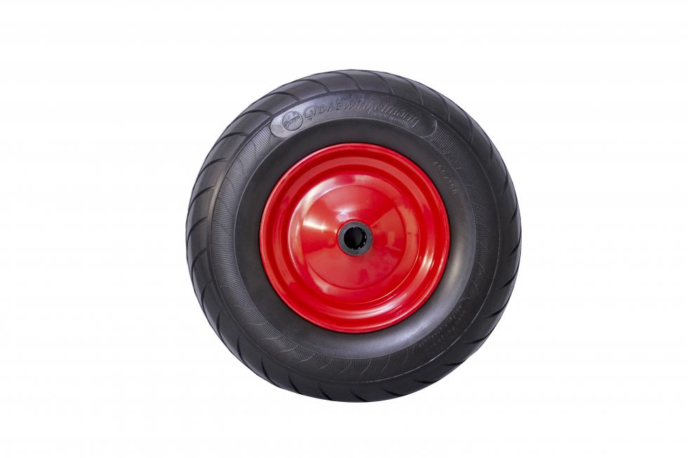 Ein PU-Rad, schwarzer Reifen mit Rillen in Laufrichtung, Felge rot lackiert, Sechskantschraube zentral, Draufsicht