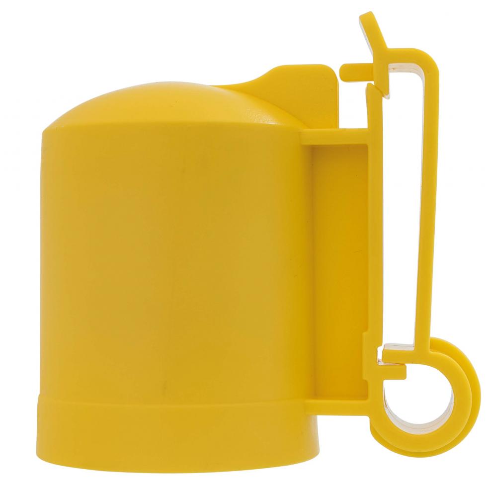 Ein aus gelbem Kunststoff hergestellter Deckel für das T-Post-System mit leicht abstehender Lasche für die Befestigung von Breitbändern, unten endend in Wölbung, Seitenansicht