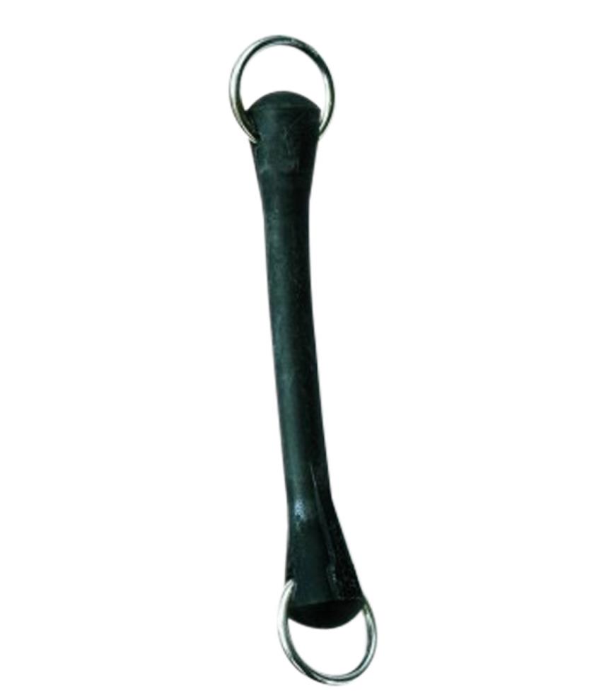 Eine Anbindeleine aus schwarzem, elastischem Gummi, an beiden Enden ist ein Metallring angebracht, Draufsicht