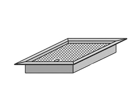 Ein schematisch gezeichneter metallener Abwurfschacht mit Einbaurahmen, Draufsicht