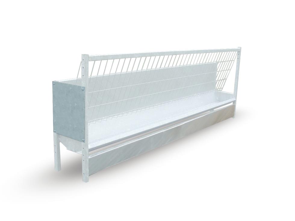 Ein Behandlungs- und Einfangstandstand mit Liegegitter und Schwenkachse, vorne zwei feste schwarze Räder, auf der Hinterseite ein schwarzes Brett