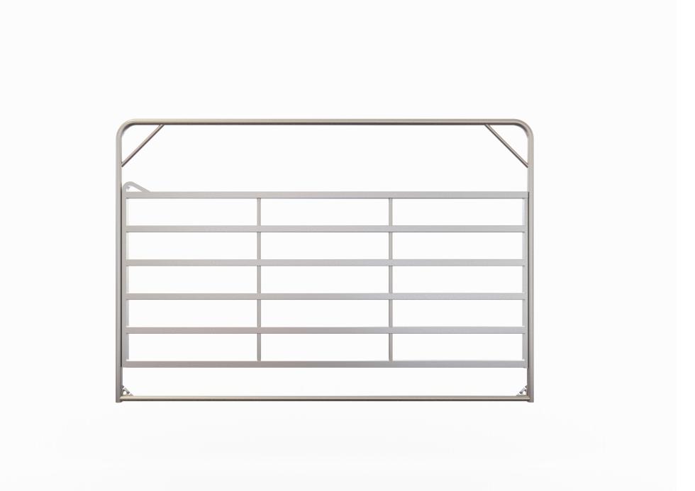 Ein Panelschwingtor mit umliegendem Rahmen, sechslagig, Torpanel einmal senkrecht mit Strebe verbunden, eine Kette zum zusammensetzen und -halten, Schliessmechanismus mit Hebel auf der linken Seite, s