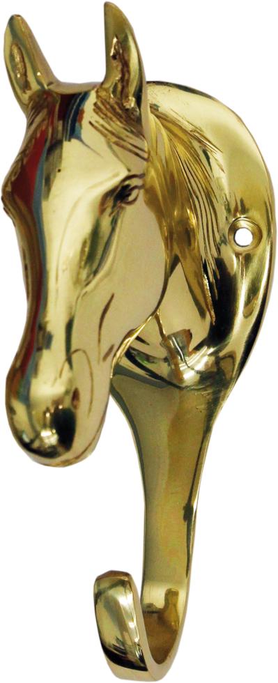 Ein aus Messing gefertigter polierter Pferdekopf, dessen unteren Ende in einem Haken endet, Ansicht schräg von vorne