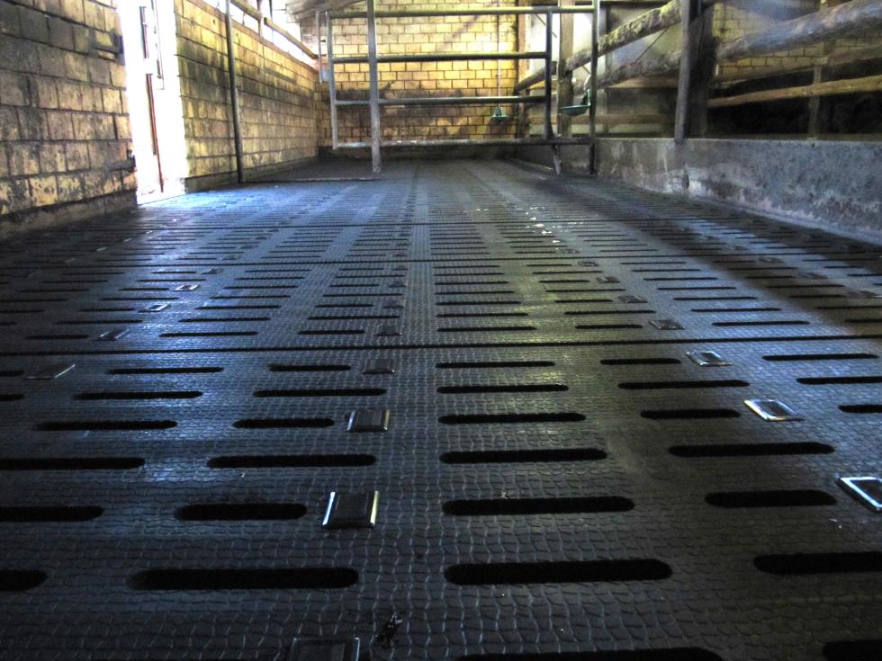 Eine schwarze Gummimatte mit Längsschlitzen, angeschnitten, darunter Betonrot mit kufenartigen Ausstülpungen und zur Matte deckungsgleiche Löcher, verlegt in einem Stall