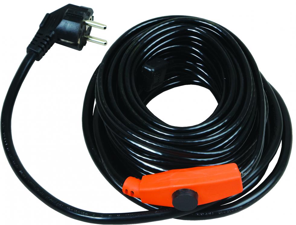 Ein aufgerolltes, schwarzes Heizkabel, endend unten zentral in einem orangen Thermostat mit knopfförmiger, schwarzer Kontaktfläche, fortführend in einem ebenfalls schwarzen Stromkabel, resultierend in
