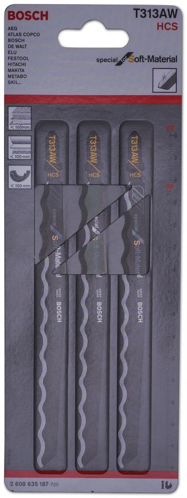 Ein Dreierpack Bosch Sägeblätter für Stichsäge, nebeneinander senkrecht in einer grauen Kartonpackung, schneide nach rechts, oben und unten zwei rote Linien oberhalb oberen Strichs, hellgrauer Karton 