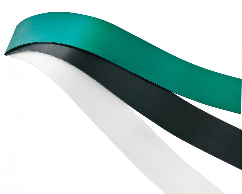 Drei Streifen Beo-band, aufgefächert und teilweise übereinander liegend, grün, schwarz und weiss, Draufsicht