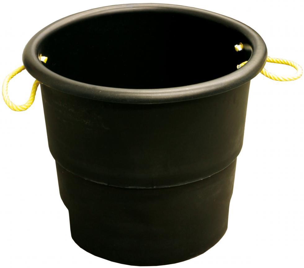 Ein Fass aus schwarzem Kunststoff mit einer leichten Verengung von der Hälfte abwärts, zwei gelbe Seilschlaufen als Griffe