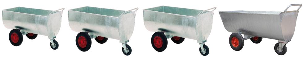 Ein verzinkter Futterwagen mit zwei festen Rädern mit roter Felge, einem lenkbaren Rad, Aufhängung verzinkt, einer halbzylinderförmigen Mulde und einer verzinkten Griffstange